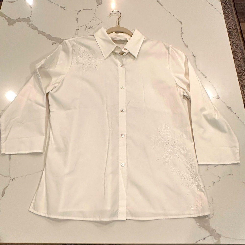 Susan Bristol White Embroidered Beaded Button Up Shirt Coastal Classic Blouse L